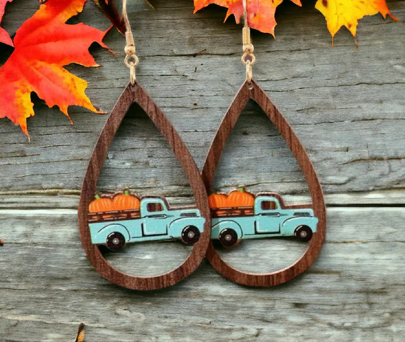 Ladies rings stacking trends-Wooden Vintage Pumpkin Truck Earrings