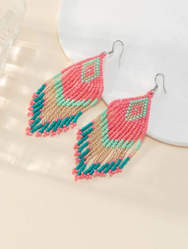 Ladies rings custom options-Beautiful Pink and Blue Beaded Tassel Earrings