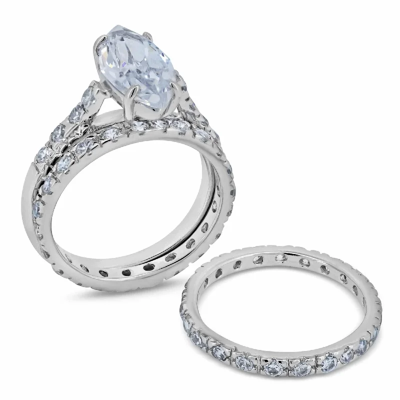 Ladies rings geometric shapes-Silver 925 Rhodium Plated Clear Marquise Center Round CZ Bridal Ring Set - BGR00249