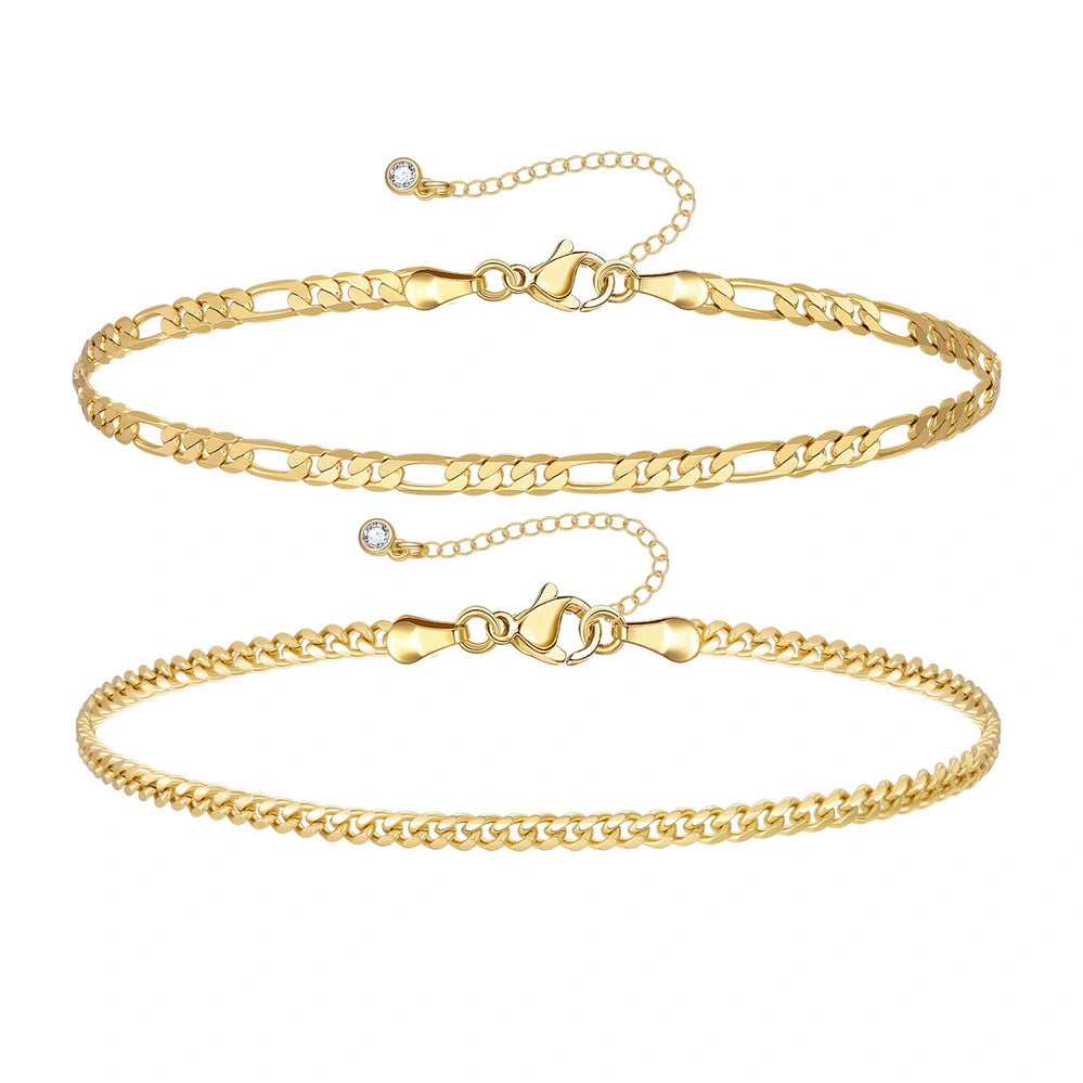 Ladies bracelets creative designs-Dainty 14k Gold Plated Layering Anklets Bracelets Set-Figaro & 3mm cuban