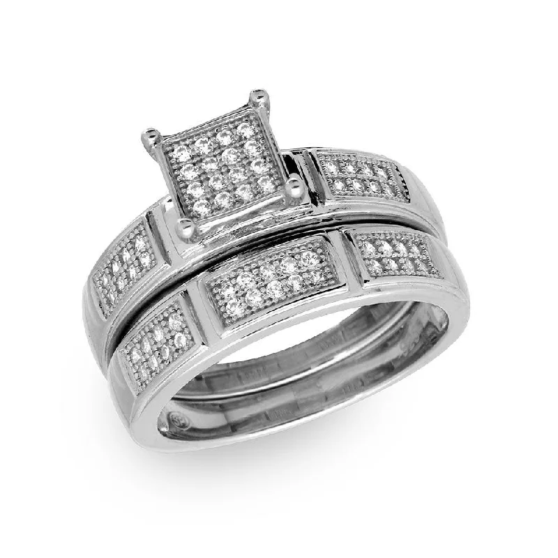 Ladies rings unique designs-Silver 925 Rhodium Plated Square Pave Center Trio Bridal Ring - GMR00174