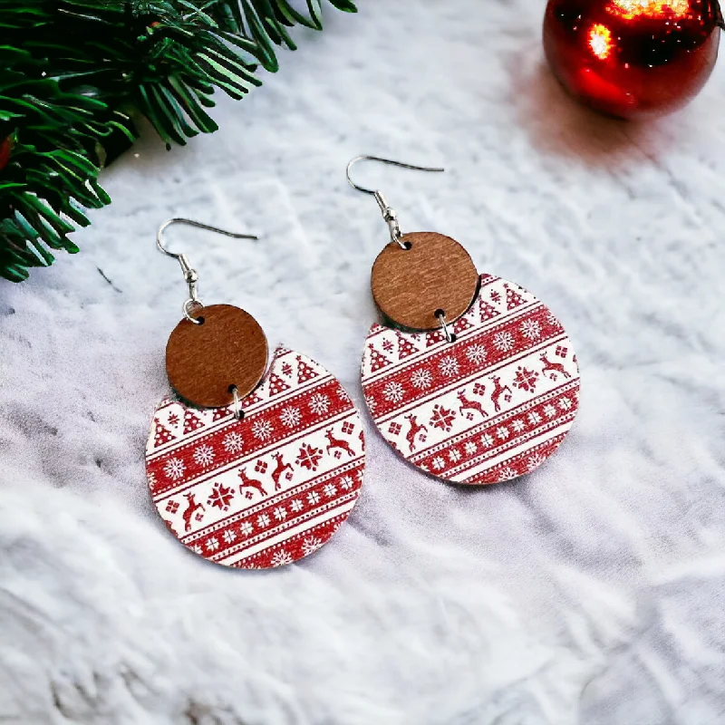 Ladies rings white gold-Beautiful Red and White Christmas Striped Wooden Earrings