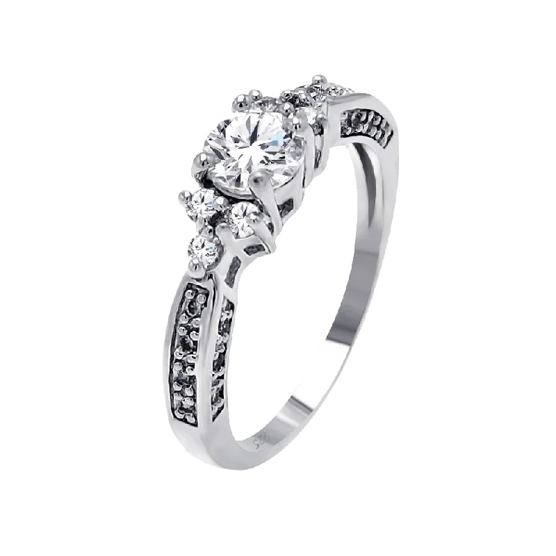 Ladies rings natural gems-Silver 925 Rhodium Plated Clear Round Center CZ Bridal Ring - BGR00466