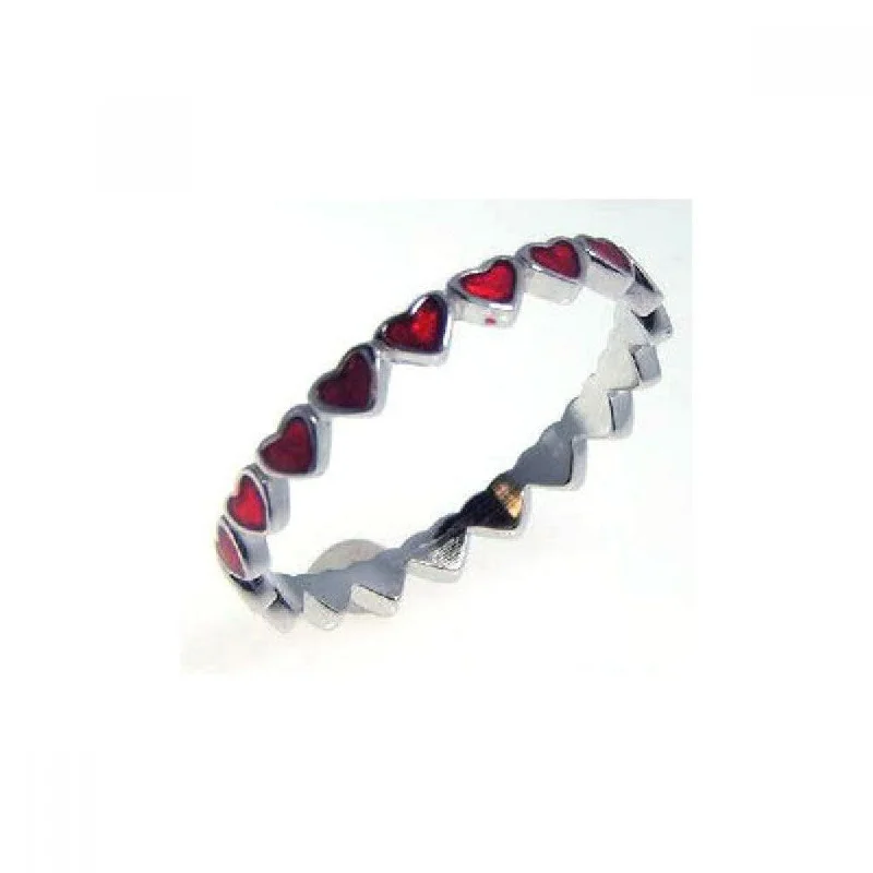 Ladies rings standout pieces-Silver 925 Rhodium Plated Red Enamel Eternity Heart Ring - STR00527