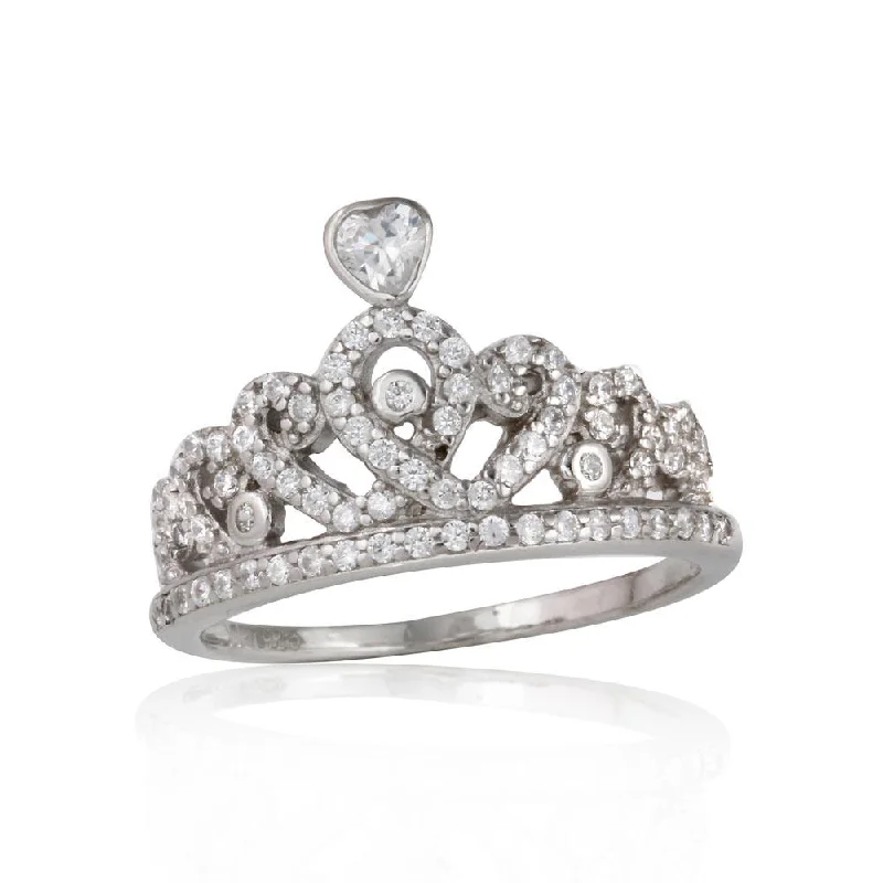 Ladies rings proposal gifts-Rhodium Plated 925 Sterling Silver CZ Tiara Ring - STR01073