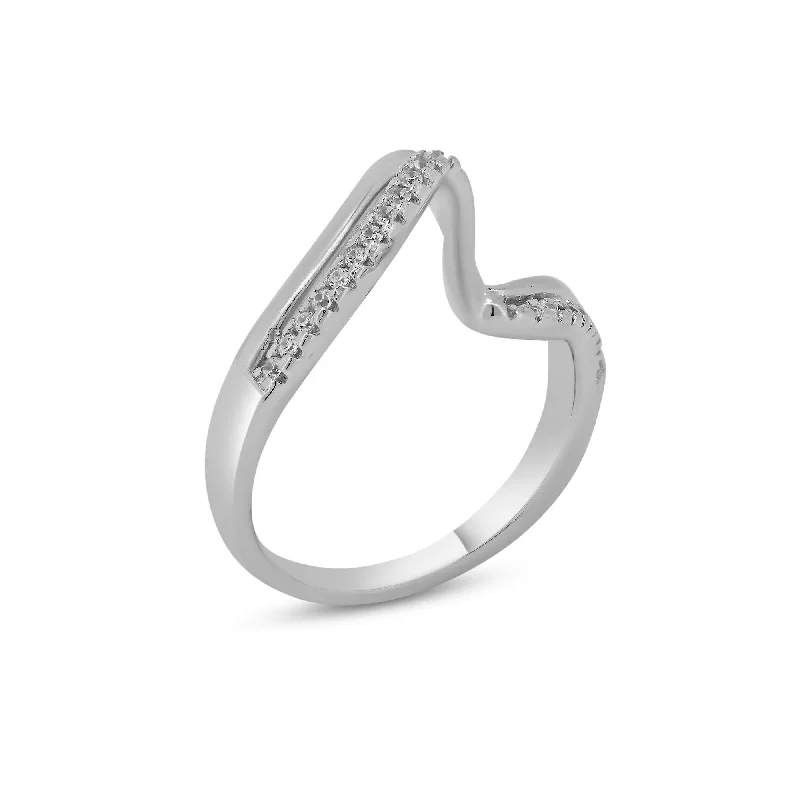 Ladies rings friendship rings-Rhodium Plated 925 Sterling Silver Double Wave CZ Ring - BGR01174