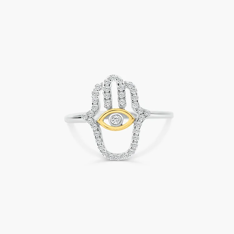 Ladies rings jade charms-925 Sterling Silver 2 Toned Plated Hamsa Hand Clear CZ Ring - BGR01359