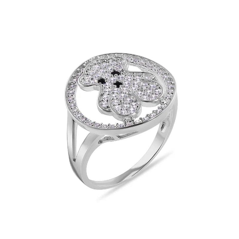 Ladies rings white gold-Rhodium Plated 925 Sterling Silver Teddy Bear Round Top Clear CZ Studded 16.9mm Ring - GMR00408