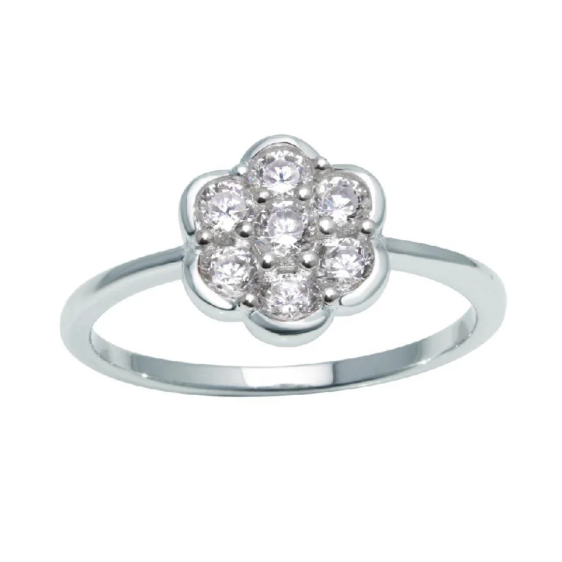 Ladies rings global brands-Rhodium Plated 925 Sterling Silver Flower Ring with Clear CZ - BGR01152CLR