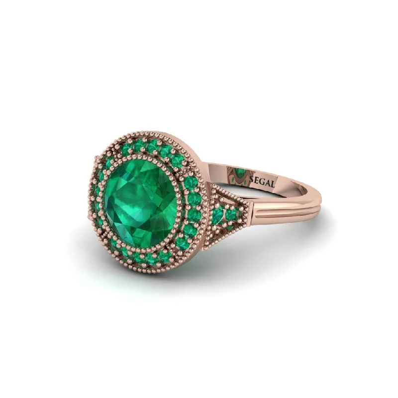 Ladies engagement rings gold bands-Round Cut Emerald Milgrain Halo Engagement Ring - Maggie No. 20