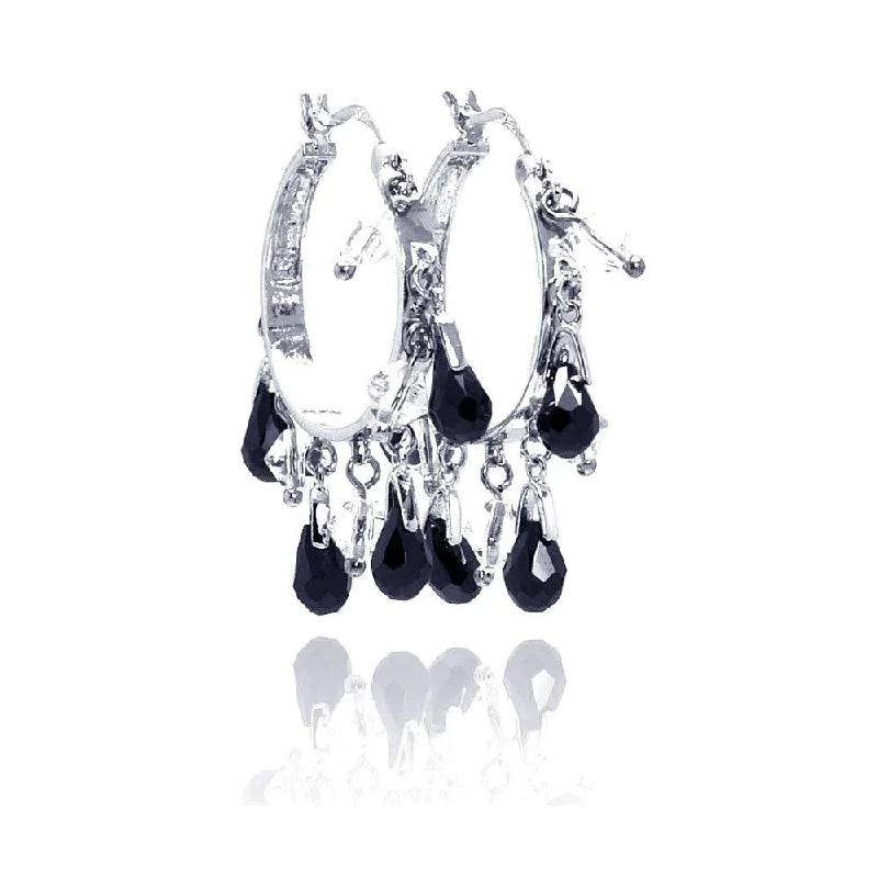 Ladies rings latest designs-Clearance-Silver 925 Rhodium Plated Clear Black Teardrop Chandelier Dangling Earrings - BGE00020