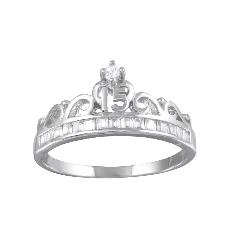 Ladies rings gothic charm-Rhodium Plated 925 Sterling Silver Crown 15 Ring with CZ - TMR00006