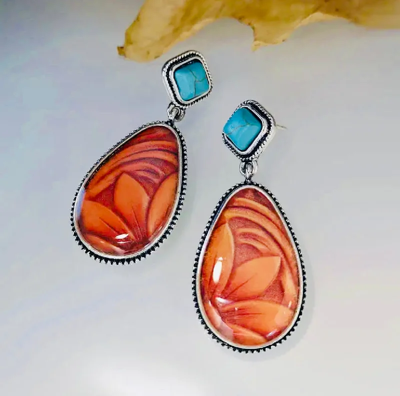 Ladies rings middle finger-Turquoise Floral Water Drop Earrings