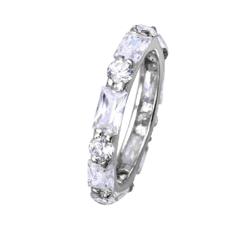 Ladies rings silver tones-Silver 925 Rhodium Plated Clear Baguette Clear CZ Eternity Ring - STR00516