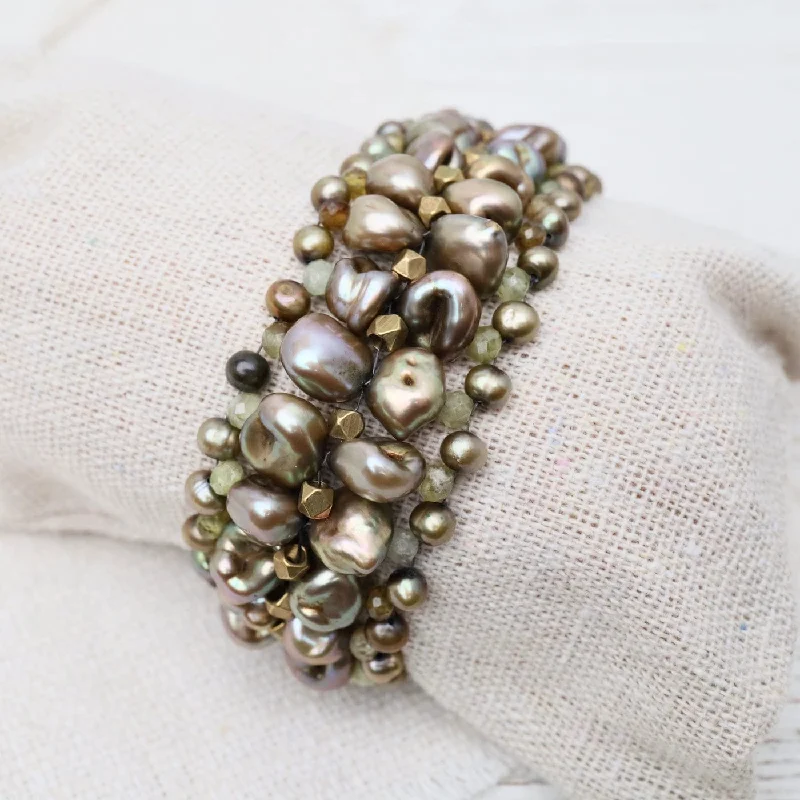 Ladies bracelets openwork patterns-Hand Woven Soft Bracelet of Grey-Green Pearls