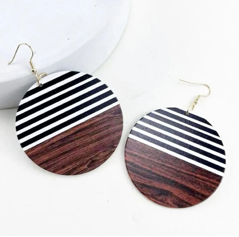 Ladies rings engagement picks-Round Black and White Striped Wood Earrings