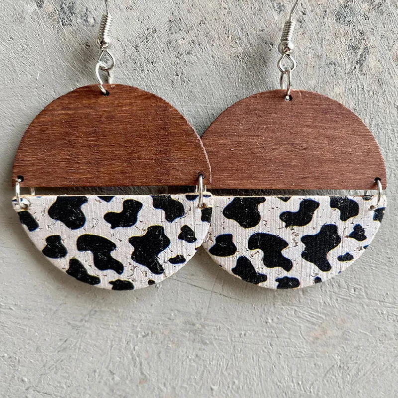 Ladies rings memory keepsakes-Wood and Cork Cow Print Split Circle Geometric Earrings