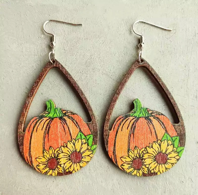 Ladies rings gold styles-Wooden Fall Pumpkin Drop Earrings