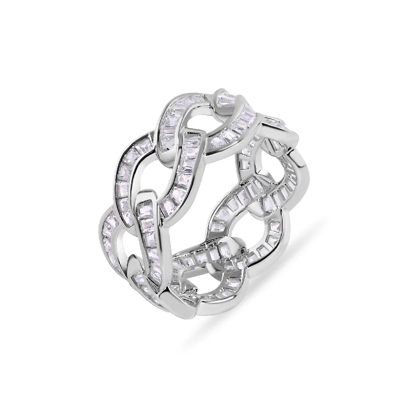 Ladies rings birthday surprises-Rhodium Plated 925 Sterling Silver Curb Baguette Clear CZ 10.3mm Ring - GMR00399