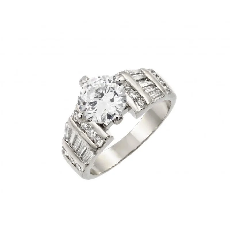 Ladies rings classic looks-Silver 925 Rhodium Plated Stone with Baguette Ring - BGR00009