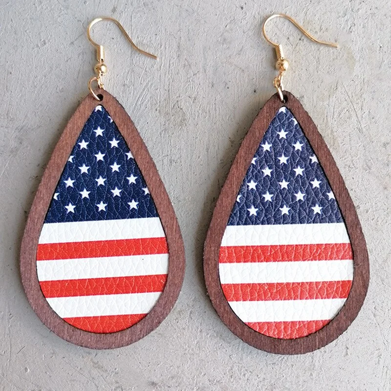 Ladies rings titanium options-Beautiful Wooden American Flag Drop Earrings