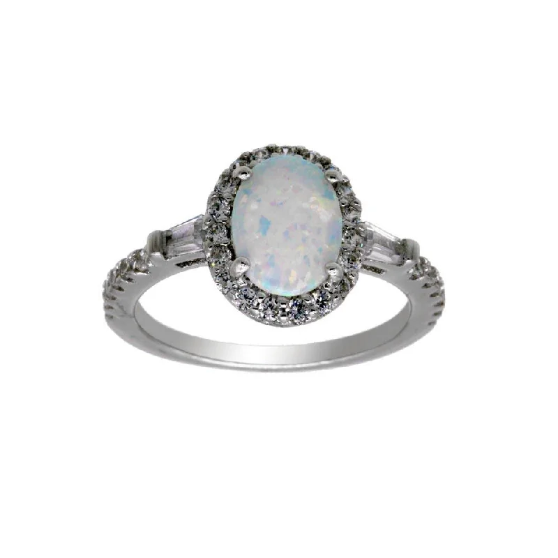 Ladies rings hypoallergenic-Rhodium Plated 925 Sterling Silver Oval Halo Opal CZ Ring - BGR01304