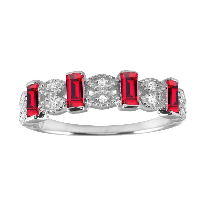 Ladies rings engagement picks-Rhodium Plated 925 Sterling Silver Red Bar CZ Link Ring  - BGR01223RED