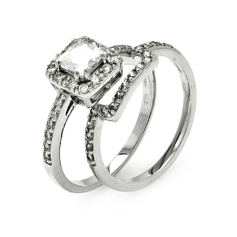 Ladies rings age suitability-Silver 925 Rhodium Plated Princess Cut Clear CZ Square Bridal Ring Set - BGR00453