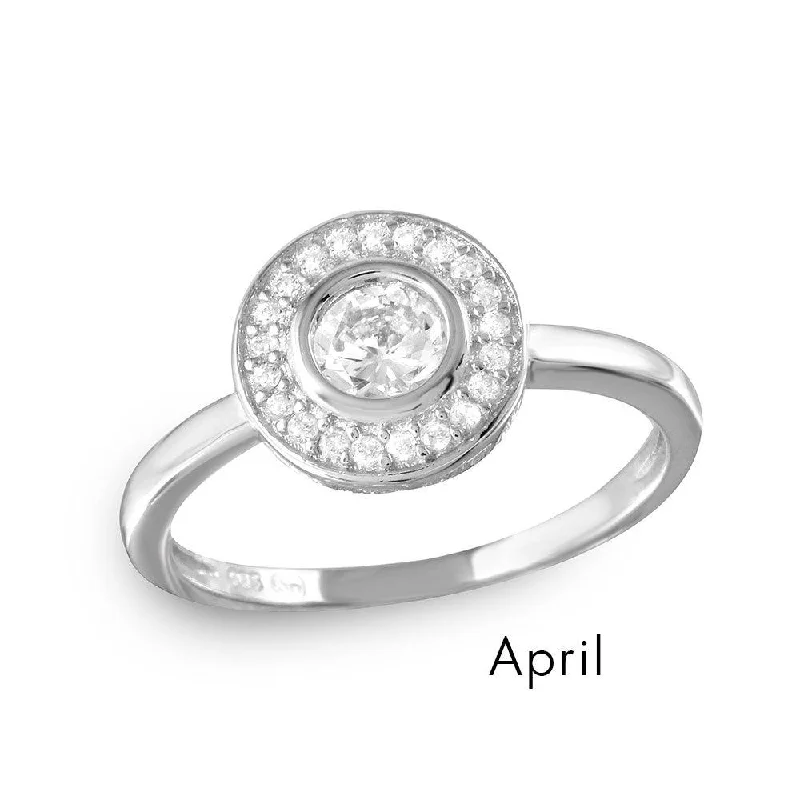 Ladies rings animal themes-April Sterling Silver 925 Rhodium Plated CZ Center Birthstone Halo Ring - BGR01082APR