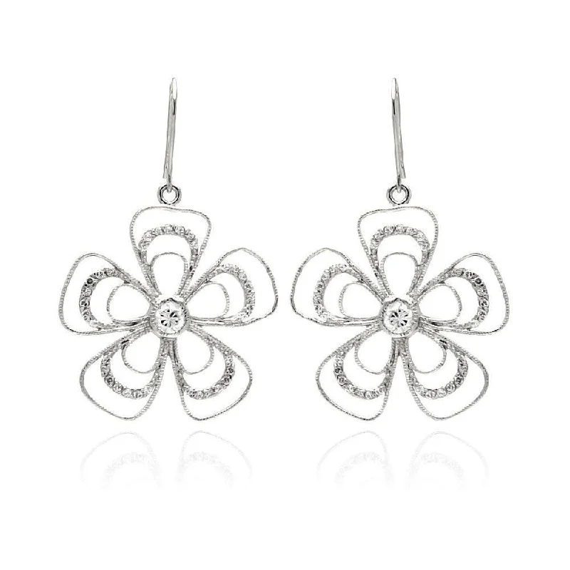 Ladies rings modern styles-Clearance-Silver 925 Rhodium Plated Open Flower CZ Dangling Hook Earrings - BGE00232