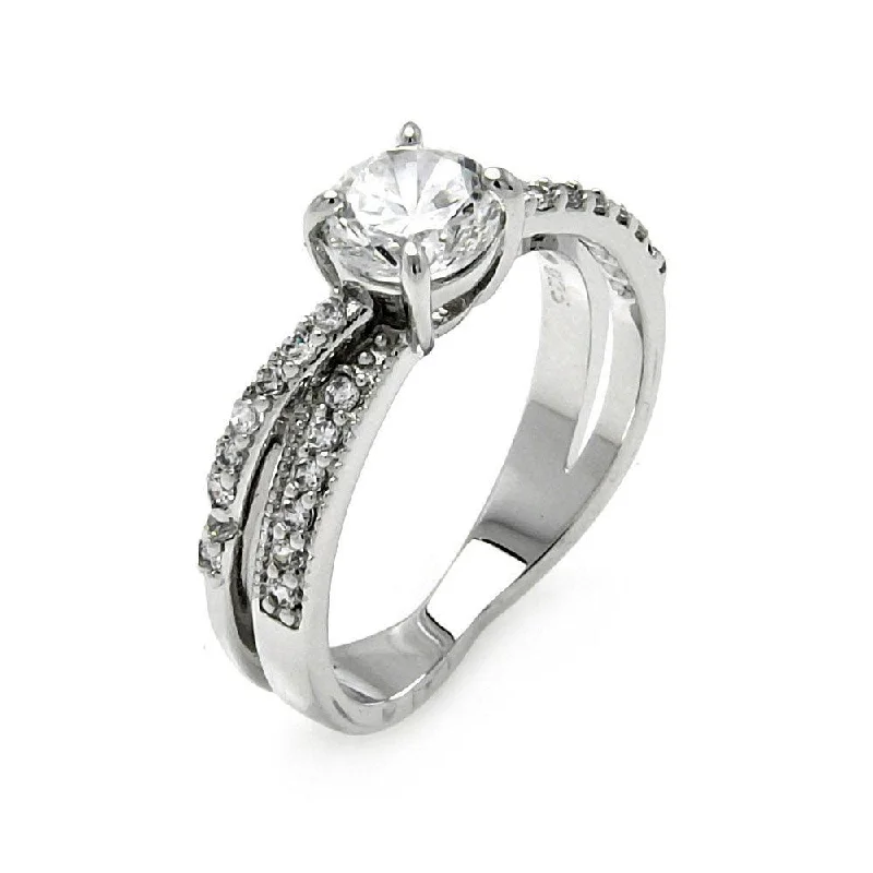 Ladies rings titanium options-Silver 925 Rhodium Plated Clear CZ Round Overlap Bridal Ring - BGR00467