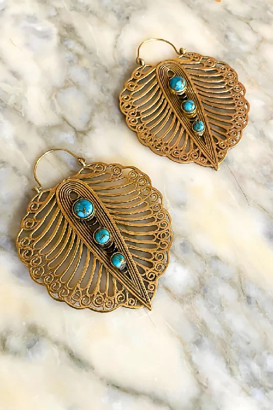 Ladies rings holiday gifts-Turquoise Leaf Brass Earrings