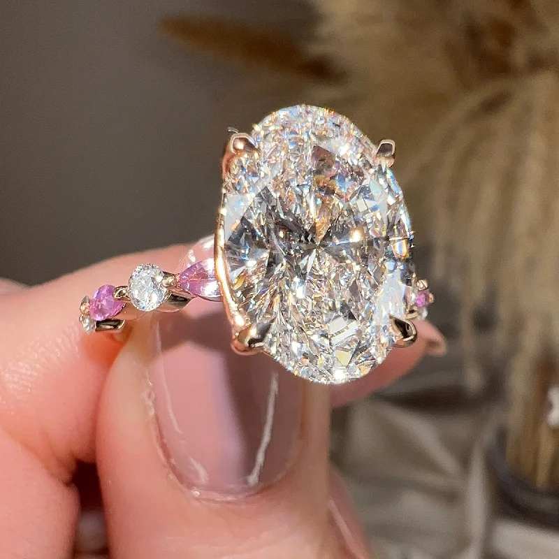 Ladies engagement rings colorful stones-"Capri" 5 Carat Oval Cut Pink Lab Grown Diamond Shoulders Rose Gold Engagement Ring