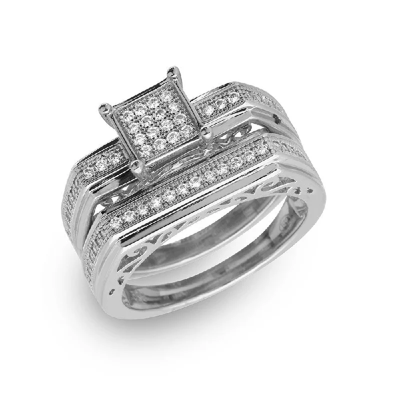 Ladies rings stacking trends-Silver 925 Rhodium Plated Two Piece Clear CZ Square Bar Accent Ring - GMR00152