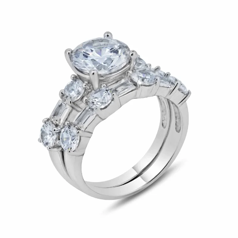 Ladies rings sentimental value-Rhodium Plated 925 Sterling Silver Clear Round Center CZ Bridal Ring Set - BGR00091