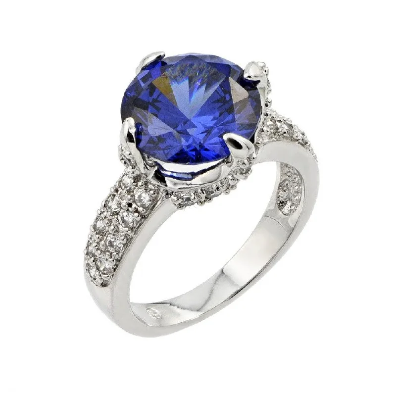 Ladies rings collectible items-Silver 925 Rhodium Plated Round Blue Center and Clear Micro Pave Set CZ Bridal Ring - BGR00779