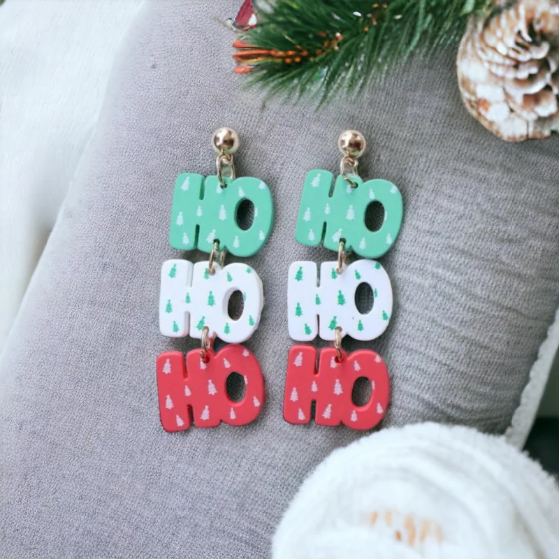 Ladies rings latest designs-"Ho Ho Ho" Red, White, and Green Holiday Stud Drop Earrings