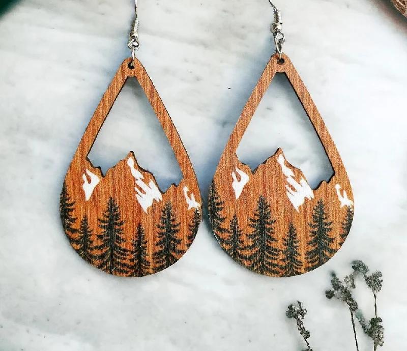 Ladies rings geometric shapes-Snowy Mountain Forest Wooden Earrings