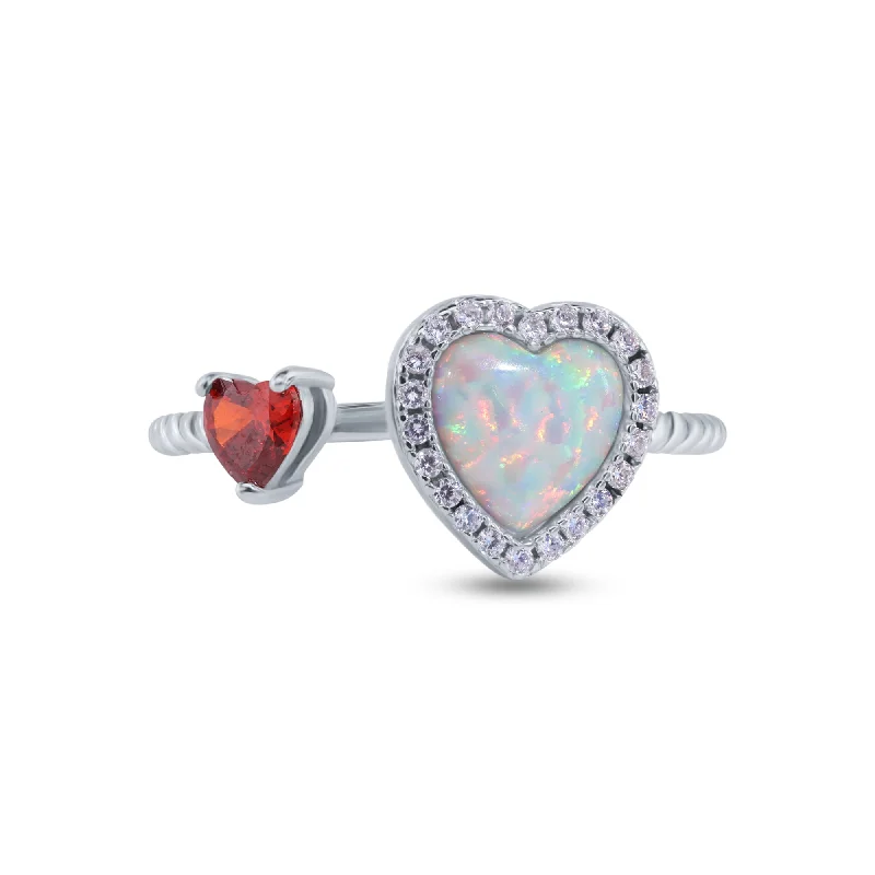 Ladies rings elegant looks-Rhodium Plated 925 Sterling Silver 2 Hearts Synthetic Opal and Red CZ 1.5mm Ring - BGR01374