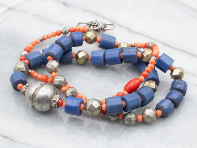 Mixed Era Blue Glass, Coral, Sterling Silver African Trade Beaded Necklace