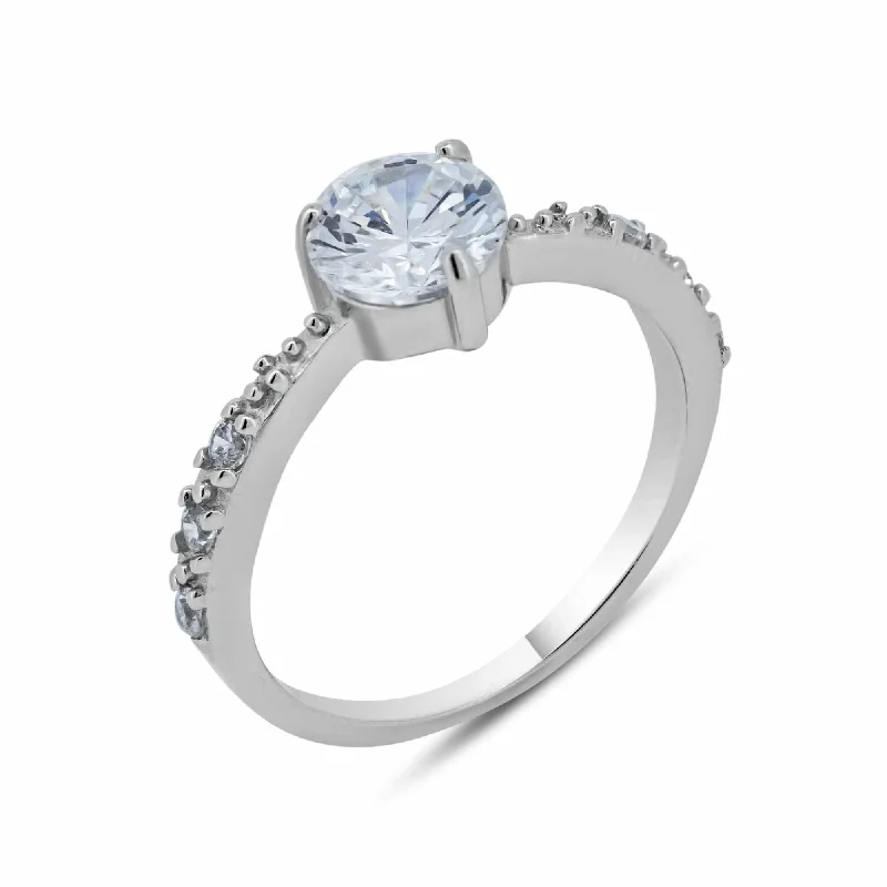 Ladies rings standout pieces-Silver 925 Rhodium Plated Round Center Clear CZ Bridal Ring - BGR00539