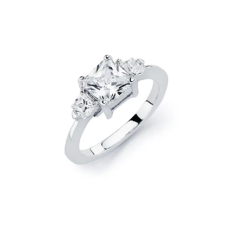 Ladies rings group styles-Silver 925 Rhodium Plated Clear Square Center CZ Bridal Ring - BGR00763