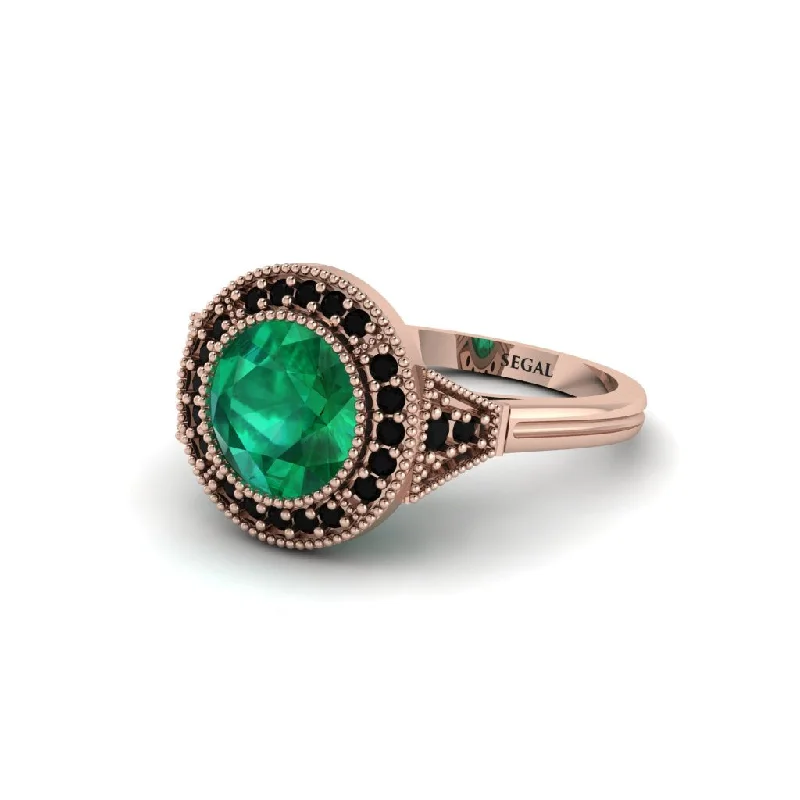 Ladies engagement rings proposal gifts-Round Cut Emerald Milgrain Halo Engagement Ring - Maggie No. 35