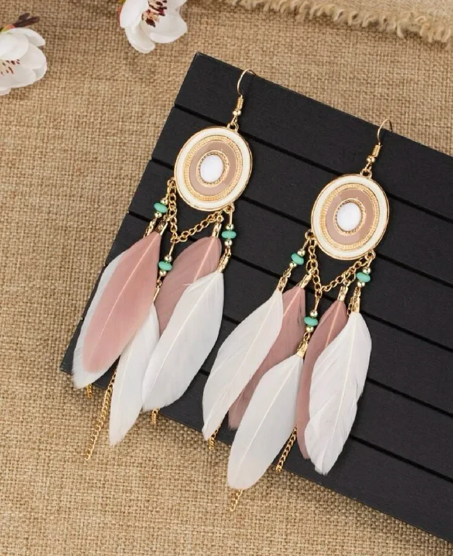 Ladies rings heart motifs-Oval Pink and White Feather Tassel Earrings