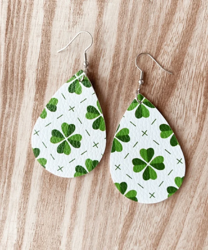 Ladies rings ring finger-Leather Shamrock Teardrop Earrings