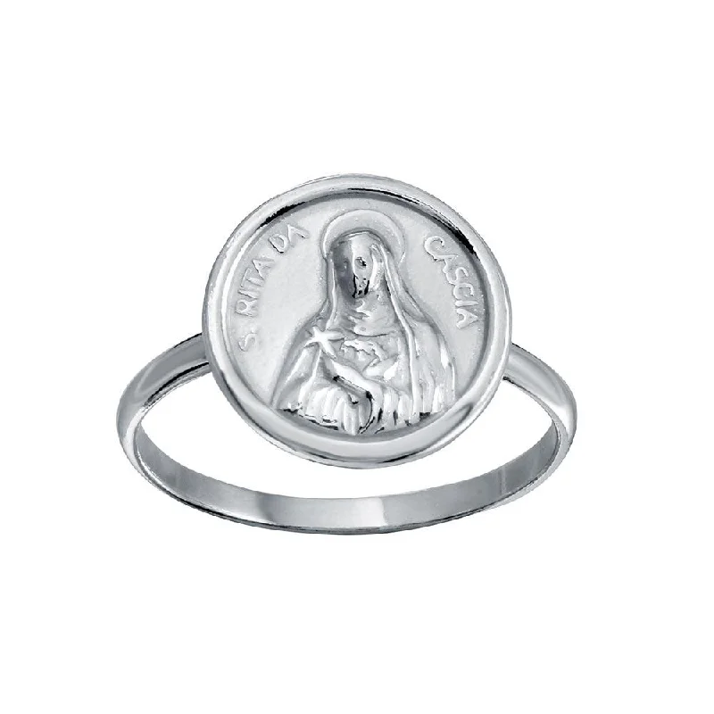 Ladies rings custom options-High Polished 925 Sterling Silver Disc Mother Mary Design Ring - SOR00031