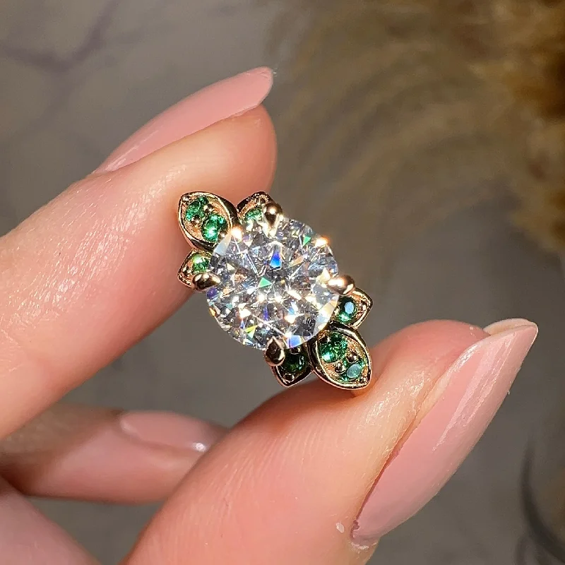 Ladies engagement rings gold designs-"Orla" Floral Round Brilliant Cut Diamond Green Leaf Marquise Emerald Rose Gold Engagement Ring