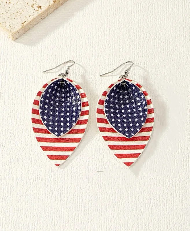 Ladies rings middle finger-Folded Leather American Flag Earrings