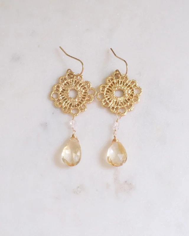 Ladies rings couple sets-Citrine Flower Earrings