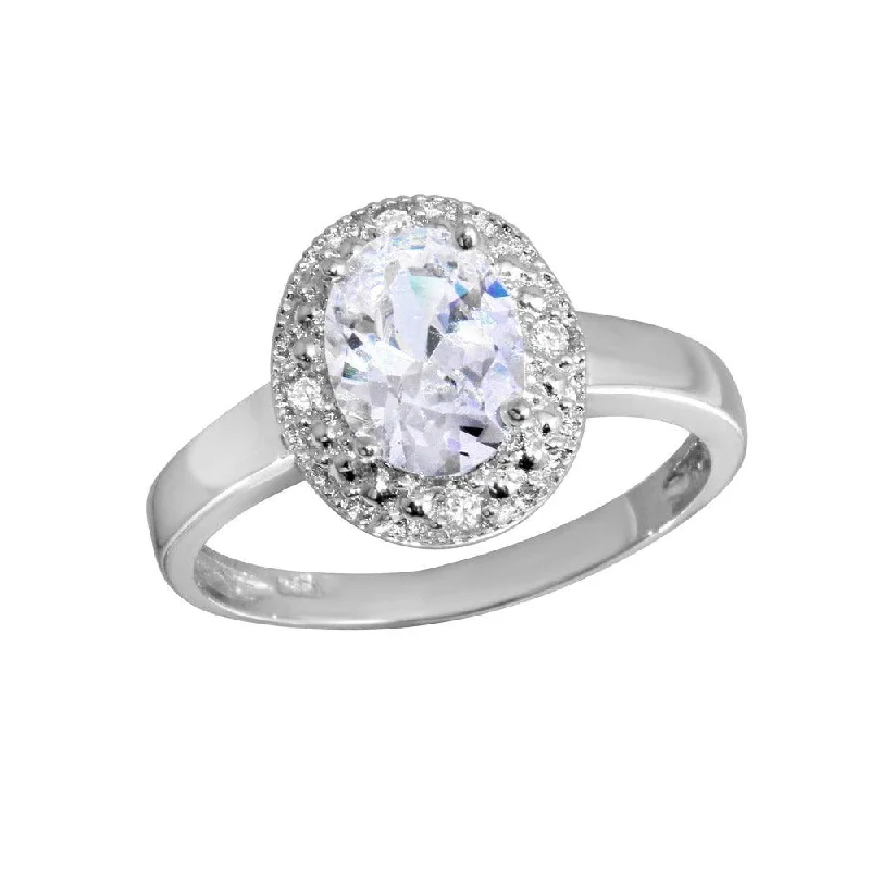 Ladies rings gold styles-Rhodium Plated 925 Sterling Silver Oval CZ Ring - GSR00002